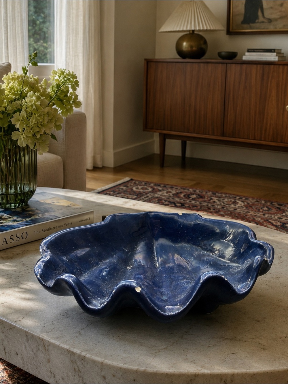 Handcrafted shell Wavy Ceramic Centerpiece Bowl - Deep Navy Blue